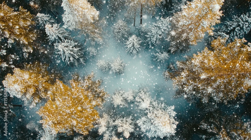 Poster aerial view of snowy winter forest with pine trees and colorful foliage perfect for text placement a