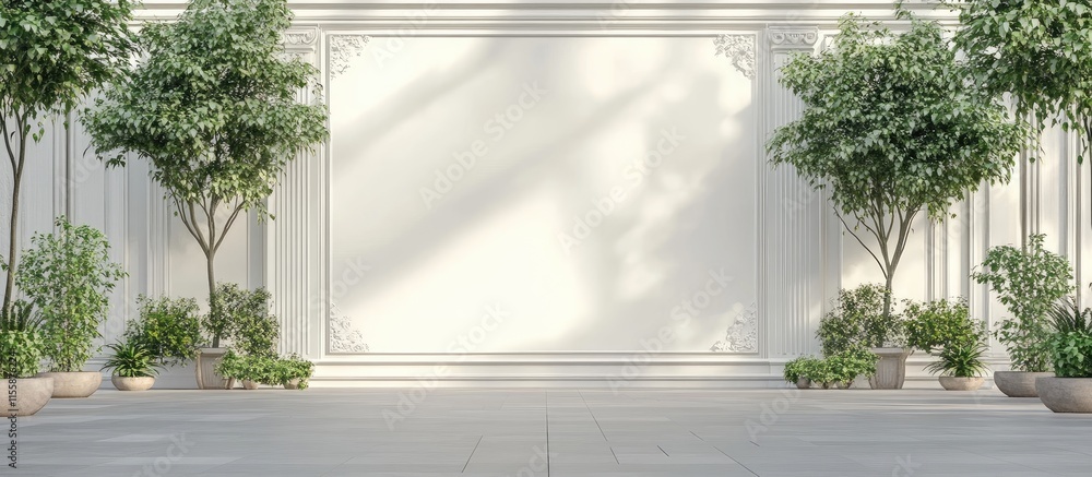 Poster 3d model market scene with empty copyspace surrounded by lush greenery and elegant wall design in ur