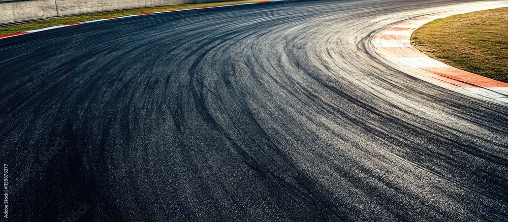 Poster aerial perspective of a deserted asphalt race track showcasing a smooth curve and ample space for ad