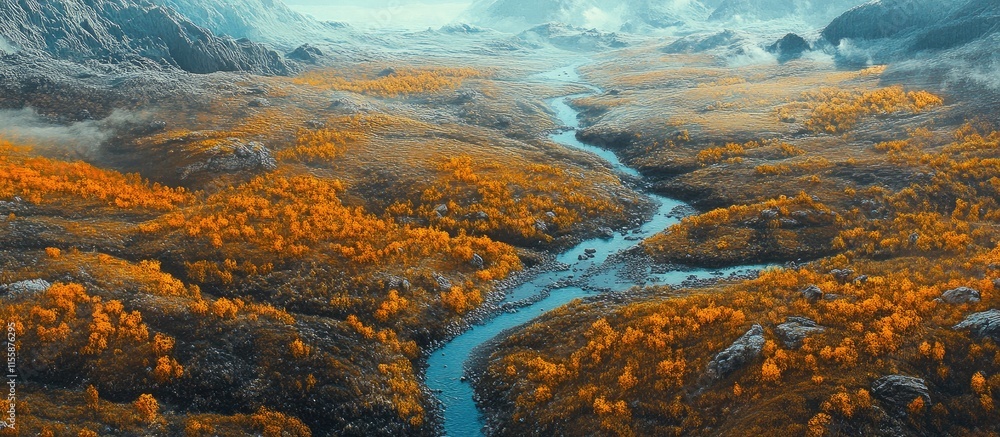 Poster aerial view of a winding creek through a vibrant autumn forest with blue mountains in the background
