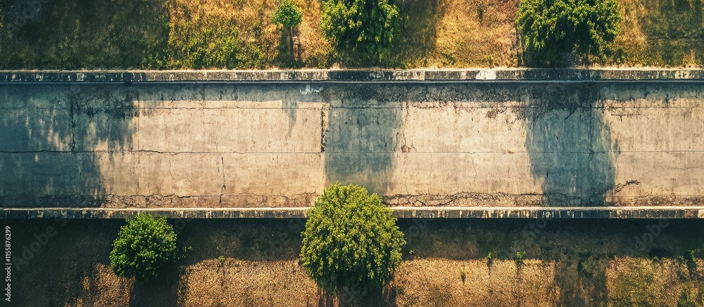 Poster aerial view of a textured concrete wall surrounded by greenery and empty space for text or design el