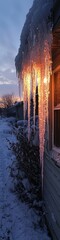 Icicles hanging from the roof of a house in an urban area creating a dangerous situation. 