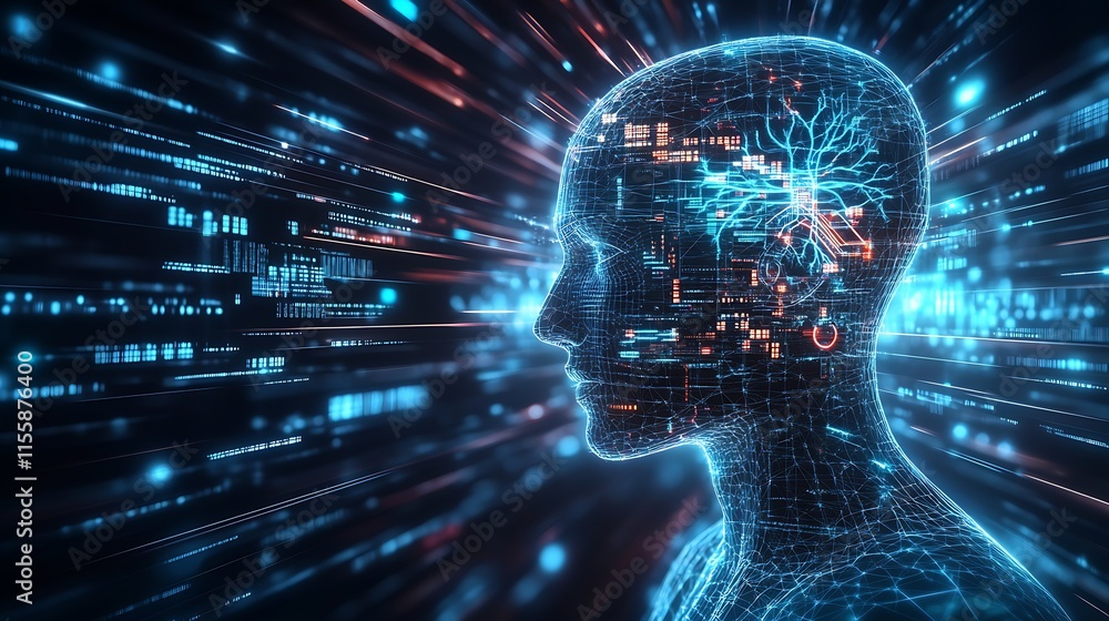 Aufkleber Digital Futuristic Human Head with Neural Network Connections and Data Streams : Generative AI