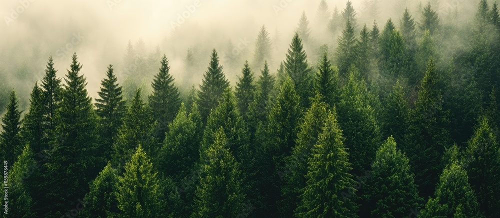 Poster aerial view of dense evergreen forest with morning mist creating a serene atmosphere and ample space