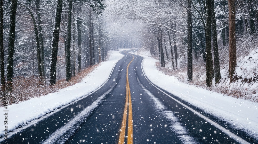 Poster aerial view of winding snow-covered road through a winter forest creating an inviting atmosphere for