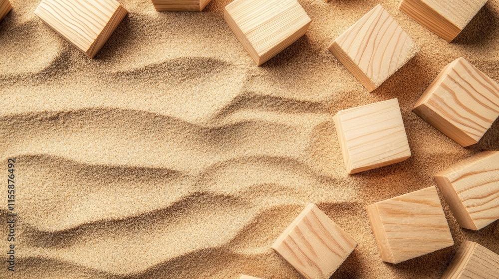 Poster aerial view of wooden blocks arranged on smooth sand background with ample copyspace for text or bra