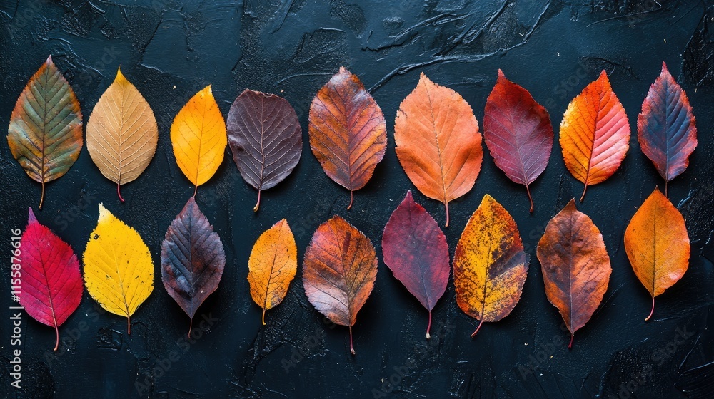 Poster colorful autumn leaves arranged on a dark background creating an aesthetic decor with ample space fo