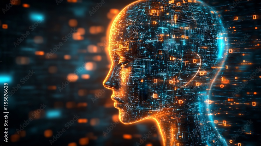 Poster digital human head with glowing circuit patterns in futuristic high tech display : generative ai