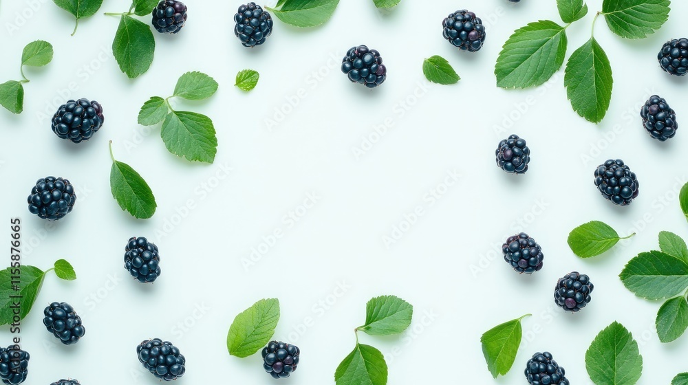 Poster flat lay with blackberries and green leaves on a light background minimalist summer composition with