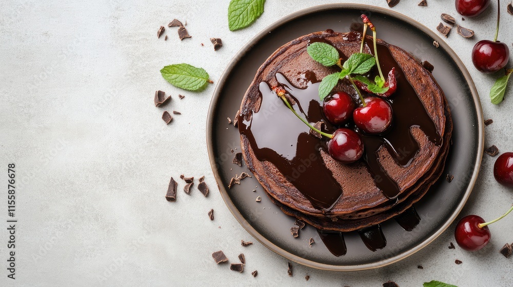 Aufkleber chocolate pancakes with cherries and syrup on a grey background with empty space for text showcasing