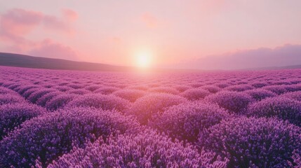 Fototapeta premium Blissful lavender field at sunset with serene ambiance and ample space for text placement in tranquil nature setting