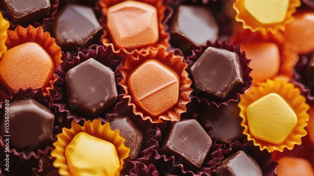Poster assorted colorful candies in various shapes and wrappers displayed together on a surface