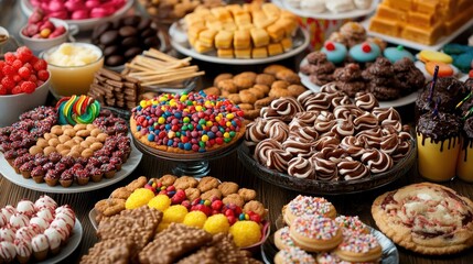 Colorful Assorted Desserts Including Candy Bars Cookies Cakes and Sweets for Festive Celebration Buffet Display