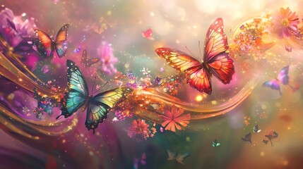 A vibrant scene of colorful butterflies amidst flowers, creating a whimsical and dreamy atmosphere.