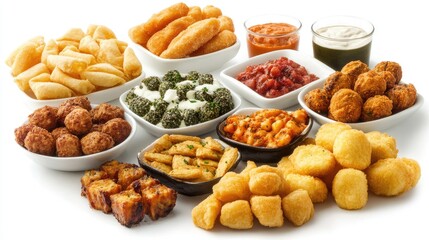 Diverse platter of delicious appetizers including fried snacks and dips arranged on a white background for culinary presentations