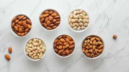 Assorted nuts and beans in white bowls on marble Healthy protein sources for balanced nutrition overhead view