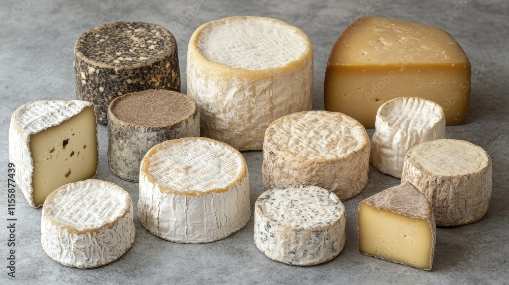 Poster assorted gourmet cheeses displayed on a textured gray background showcasing diverse shapes and textu