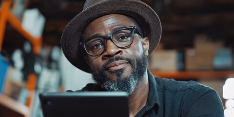 A business owner reviewing their inventory on a tablet, standing in their warehouse