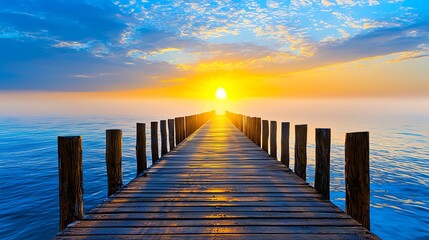 Obraz premium A serene image of a bridge disappearing into a misty horizon, with sunlight creating a pathway, symbolizing endless possibilities.