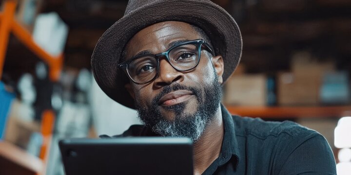 A business owner reviewing their inventory on a tablet, standing in their warehouse