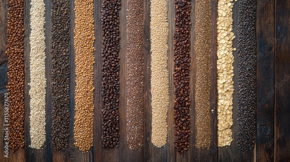 Poster diverse array of cereal grains arranged on rustic wooden table background showcasing natural texture