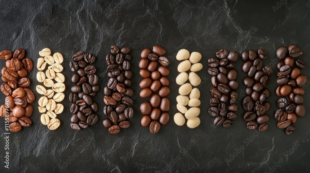 Poster assorted types of coffee beans arranged on a dark tabletop surface showcasing variety and texture in