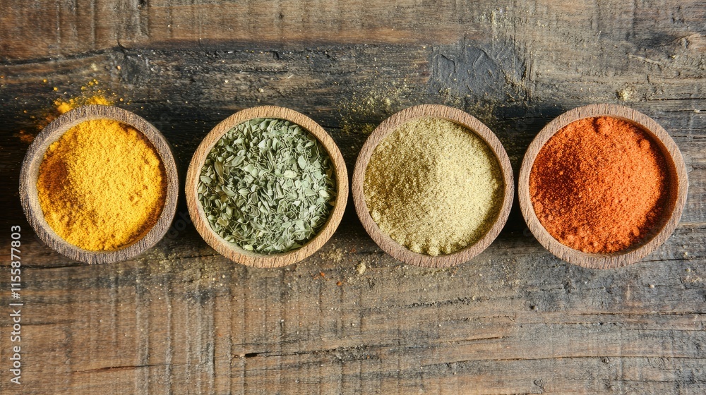 Poster assorted vibrant spices in wooden bowls arranged on rustic textured background from top view