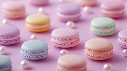 Obraz premium Colorful assorted macarons delicately arranged on soft pastel pearls for a delightful dessert presentation.