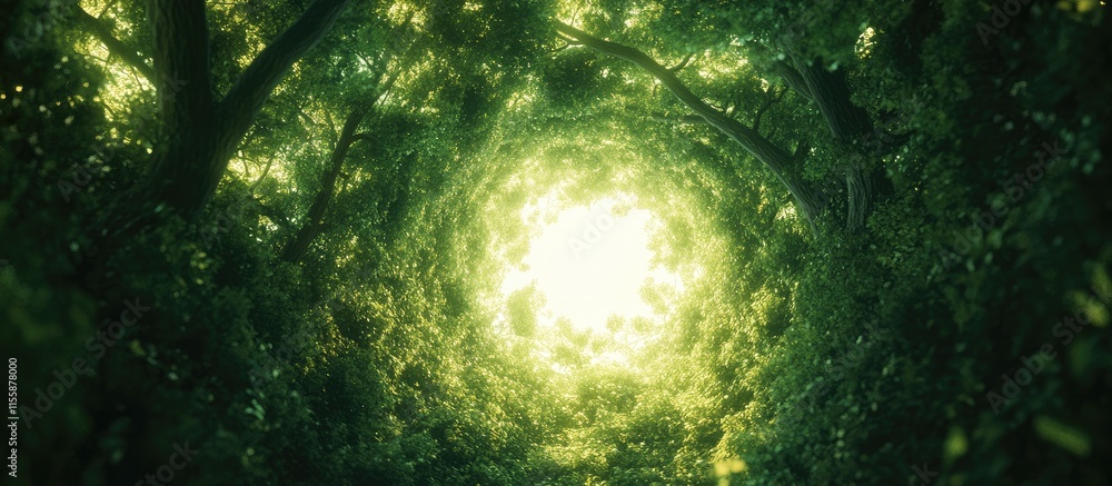 Poster green canopy of trees with sunlight breaking through for text space in autumn scenery