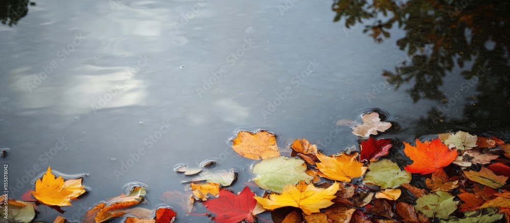 Aufkleber autumn leaves floating peacefully on a calm pond surface with reflective water creating a tranquil n