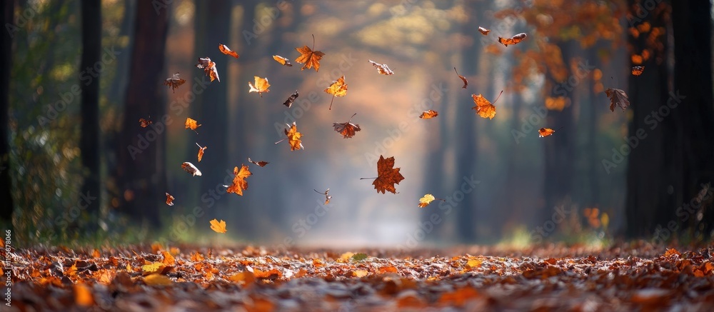 Poster autumn forest scene with vibrant falling leaves and tranquil pathway creating space for inspirationa