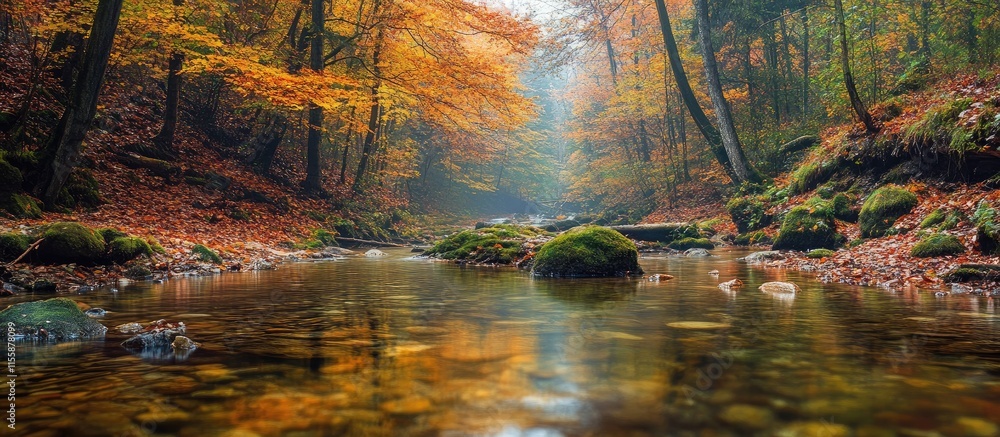 Aufkleber tranquil autumn forest stream with vibrant foliage and clear reflective water creating a serene natu