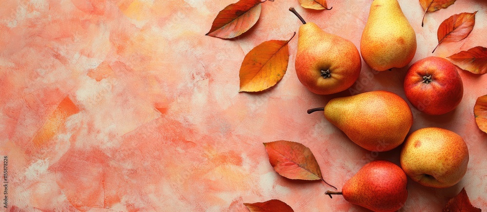 Poster autumn still life featuring pears and orange leaves on textured background with ample space for text