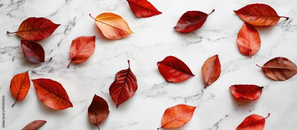 Poster autumn leaves arranged on a marble table with empty space for adding text or graphics in a seasonal 