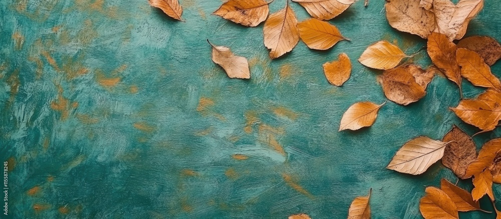 Poster autumn leaves on a textured green background with ample copy space for text and creative design elem