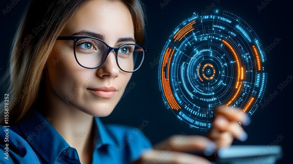 Aufkleber woman using technology with digital interface display