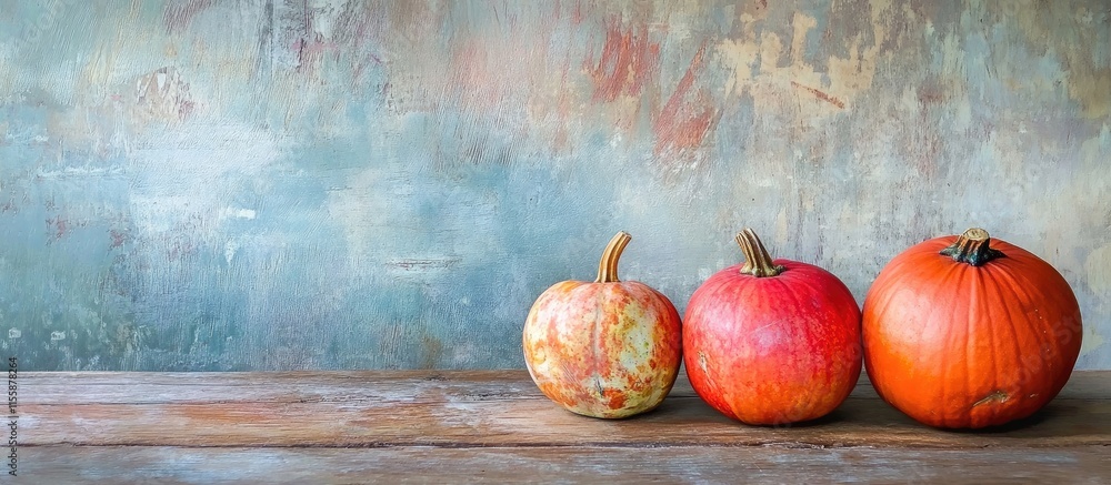 Poster autumn pumpkins arranged on a rustic wooden table with a textured background and ample space for tex