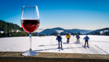 Glass filled with red one placed on wooden beam in winter landscape with blurred skiers