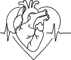 Minimalist Heart with Pulse Line Vector Art of Human Organ on White Background