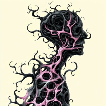 Cartoon-style demon representing body image struggles, shaped like a distorted mannequin with fragmented features and a shadowy aura, set in pale pink and dark gray.