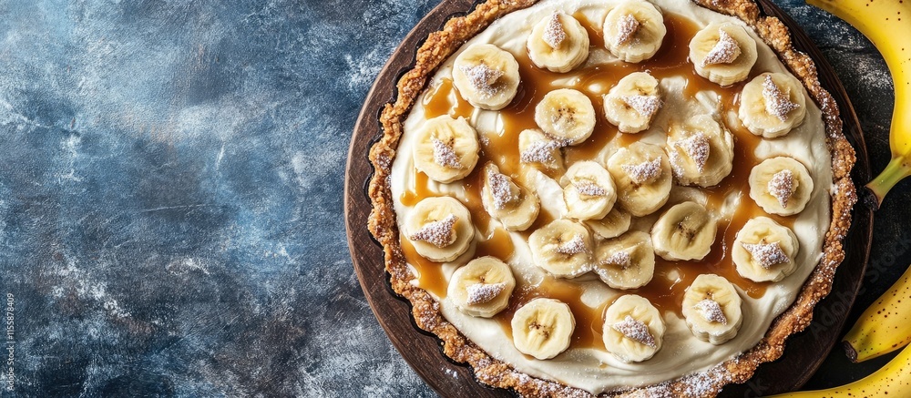 Poster banoffee pie dessert topped with caramel sauce and fresh bananas on rustic background with blank spa