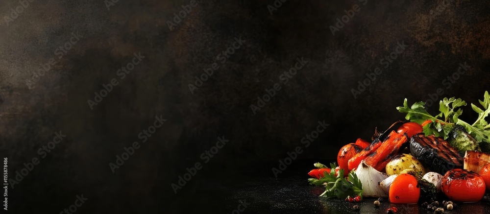 Poster grilled colorful vegetables on charcoal surface with copyspace for text in outdoor barbecue setting