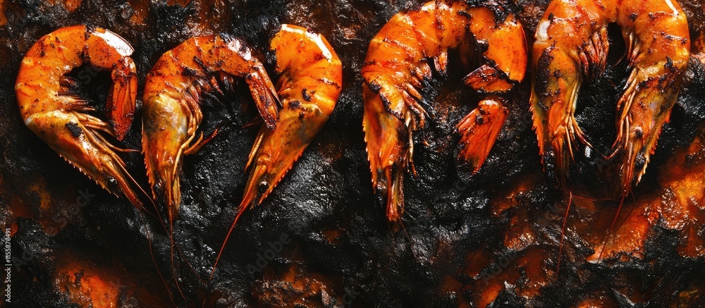 Poster grilled shrimp on charred grill background with empty space for text ideal for barbecue party promot