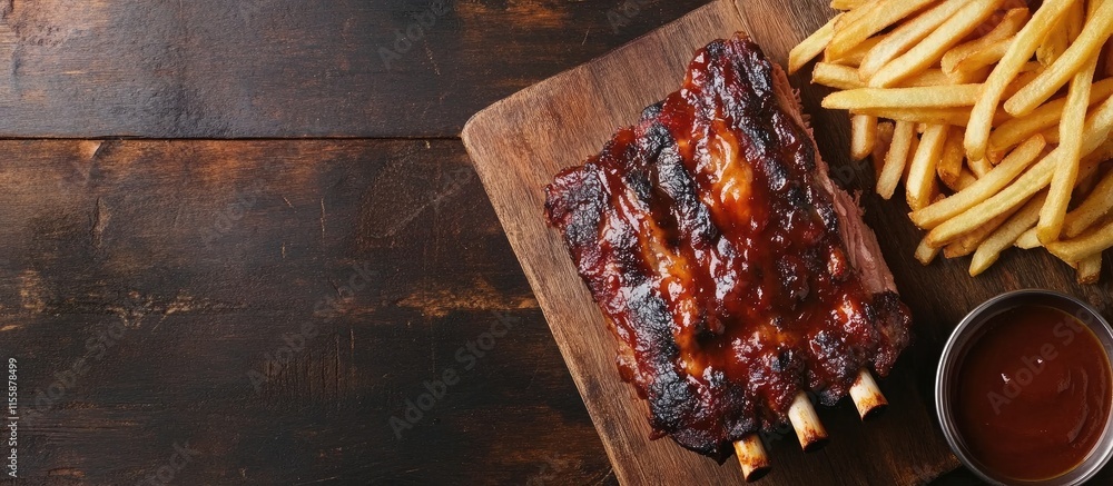 Poster Barbecue Pork Ribs served with French Fries and Cold Beer on Wooden Table with Empty Space for Custom Text and Branding