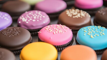 Obraz premium Colorful Chocolate Covered Oreos Displayed for an Eye-Catching Dessert Treat or Snack Inspiration