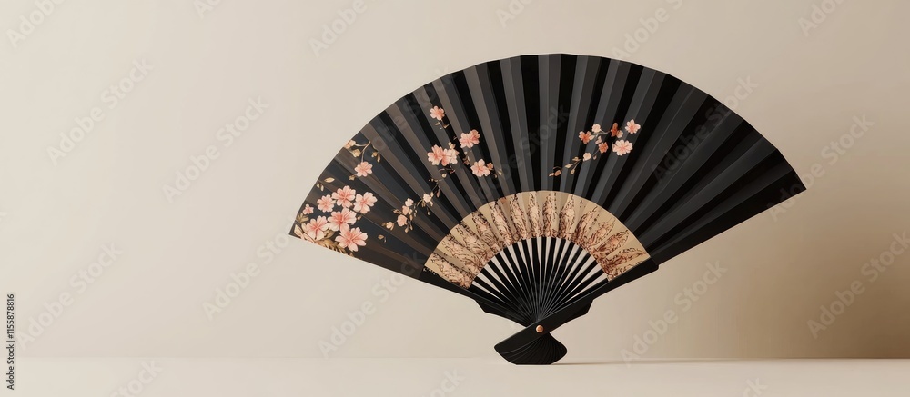 Aufkleber Elegant Black Fan Featuring Floral Design 3D Render on Neutral Background with Ample Copyspace for Custom Text and Branding Opportunities