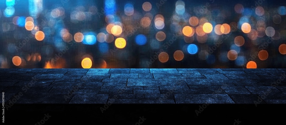 Poster empty table against bokeh city lights at night with dark background ideal for text or product displa