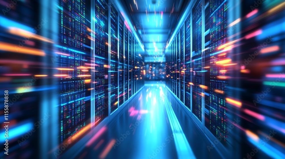 Poster futuristic data center corridor with neon lights and server racks : generative ai