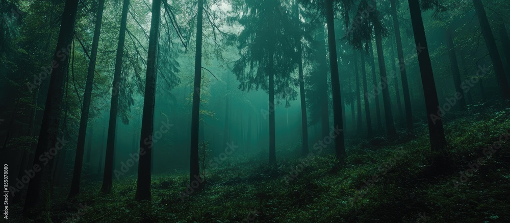Poster dark enchanted forest with textured background and copyspace for text enhancement in mysterious gree