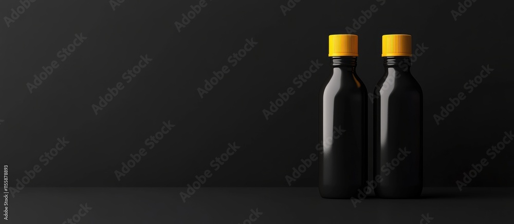 Aufkleber black food and condiment bottles mockup on dark background featuring empty copyspace for creative de